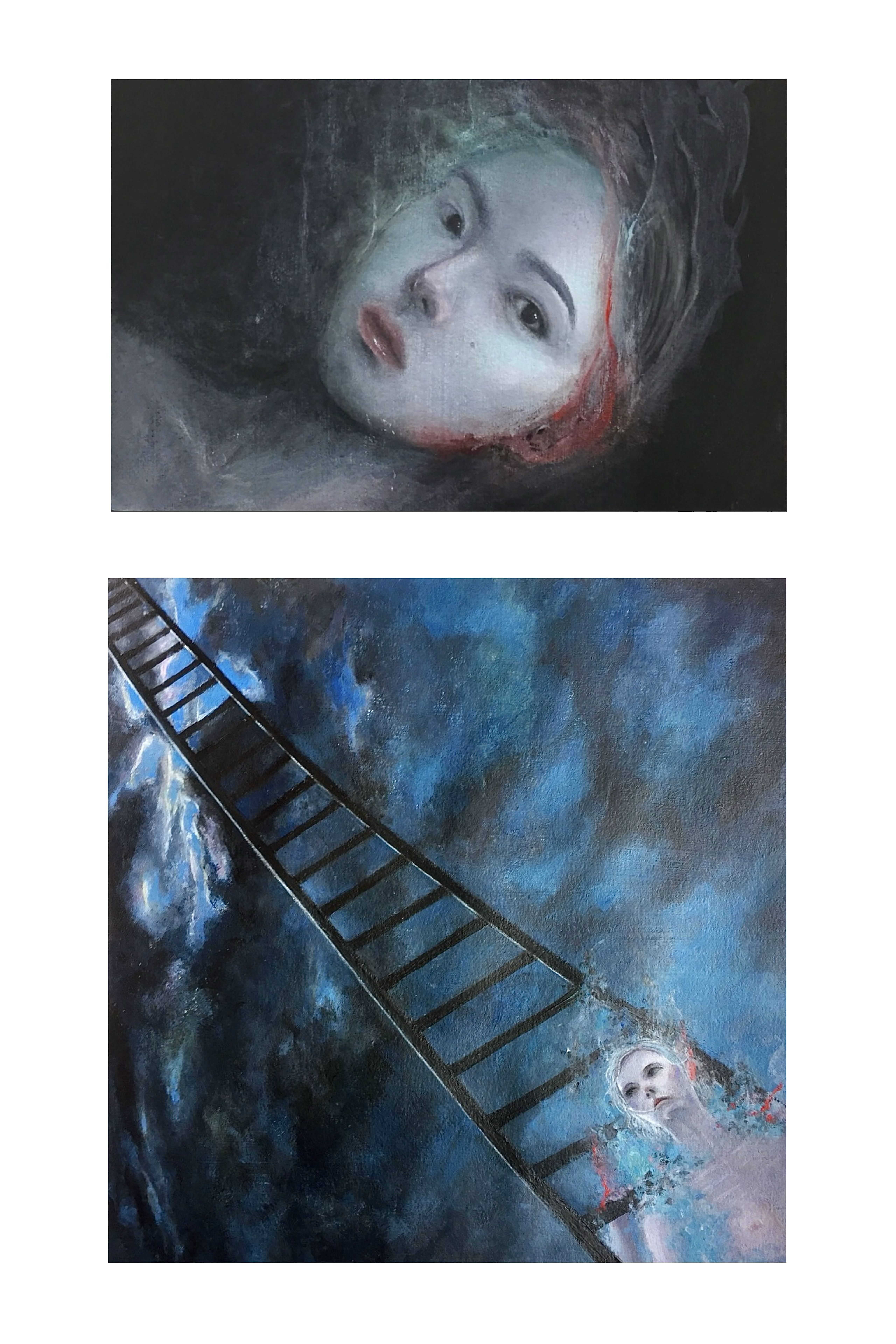 Top: Untitled Portrait; bottom: Sea of Clouds (Homage to C.D. Friedrich); acrylic on BFK